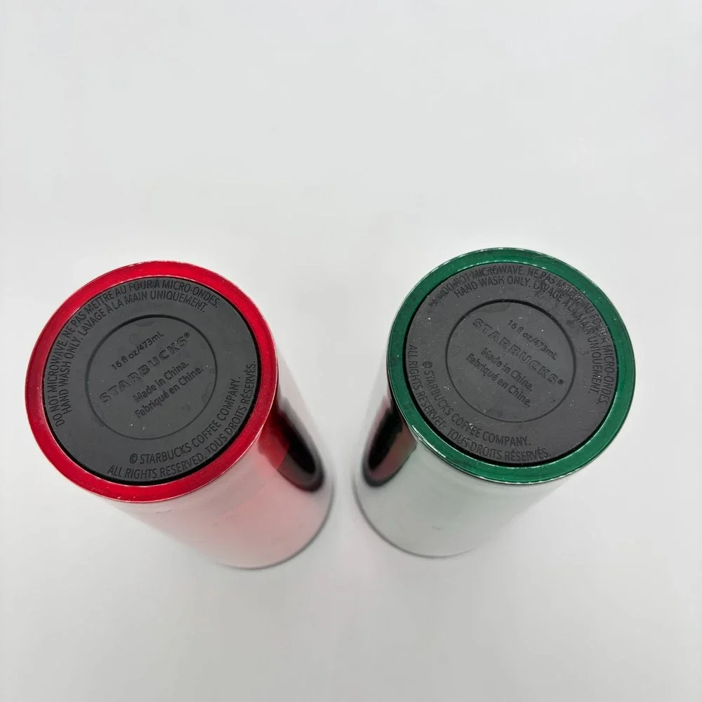 Lot Of 2 Starbucks Red & Green Holiday Edition Metallic Tumblers 16oz/473ml Set